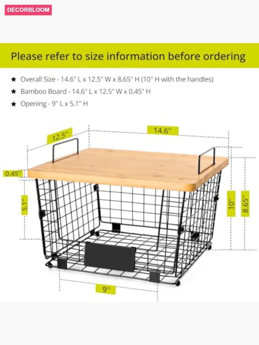 2 Pack Stackable Wire Basket with Bamboo Tops for Pantry Kitchen Organizer